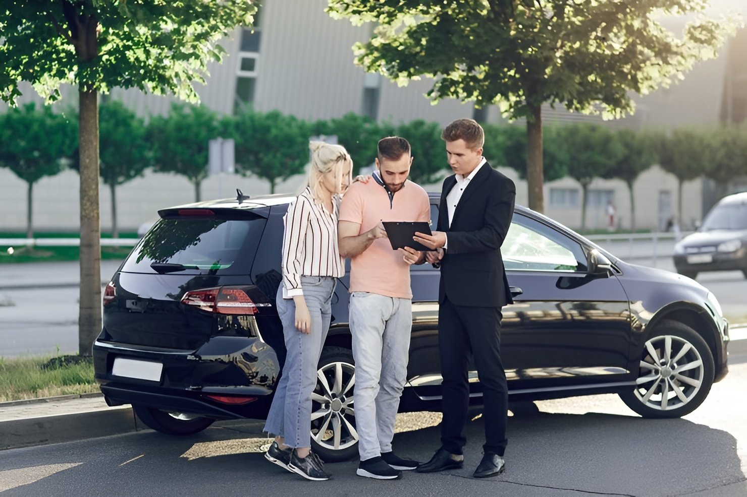 young salesman shows new car customers happy couple man woman buy new car young people sign documents buy car 108945 1140 (1)
